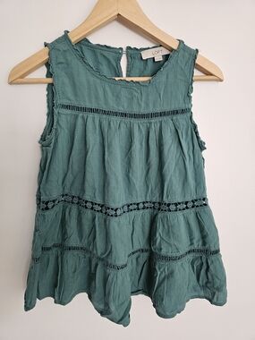 Loft Teal Crochet-Trim Sleeveless Blouse Size XS Cotton Blend Boho Chic